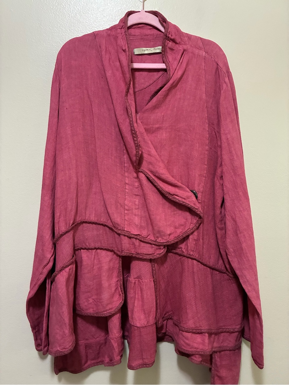 Cynthia Ashby Layered Draped Linen Jacket in Deep Rose size xl